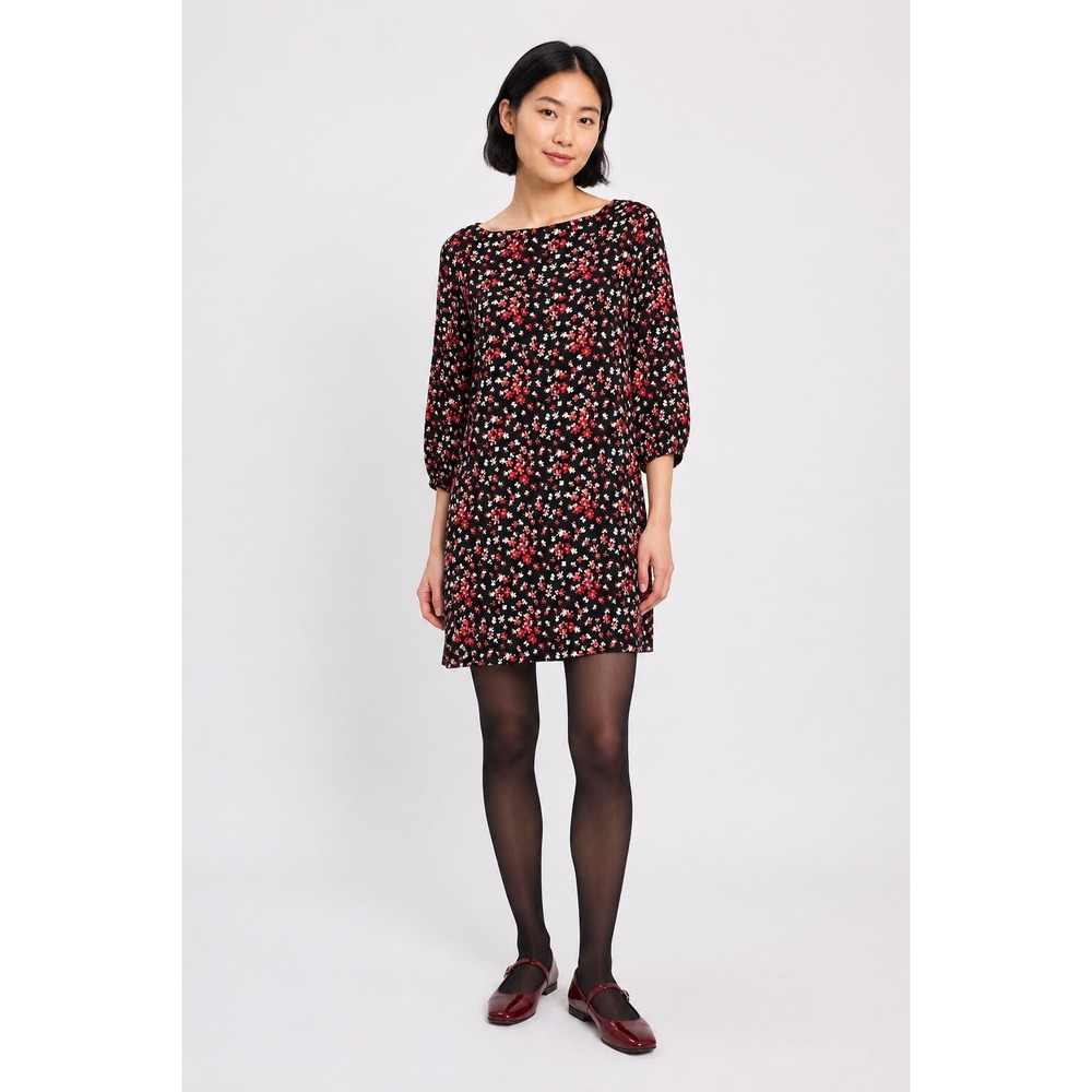 Black Floral Mini Shift Dress XS V Back‎ Long Sleeve Twee Dark Cottagecore Gap